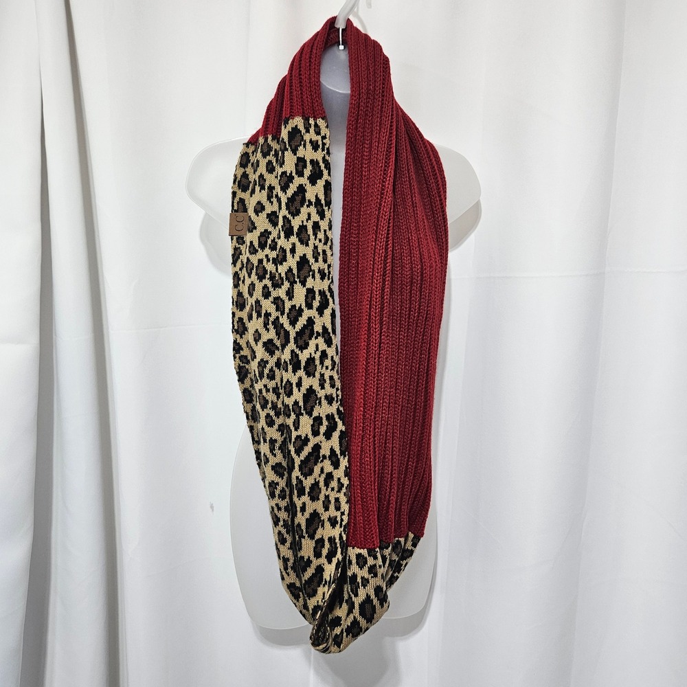 CC Beanie Red Ribbed and Leopard Print Knit Infinity Scarf Women chunky mob wife